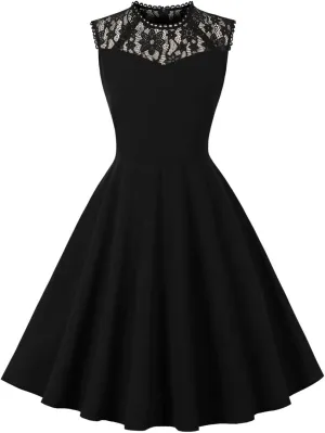 1950s Dresses for Women Vintage Elegant Short Puff Sleeve Polka Dot Patchwork Knee Length Cocktail Party Dress
