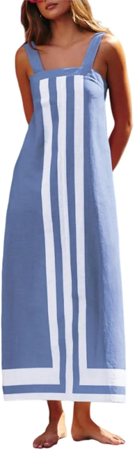 2025 Summer Bohemian Floral Dress for Women Casual Color Block Maxi Beach Overall Dress Coverups
