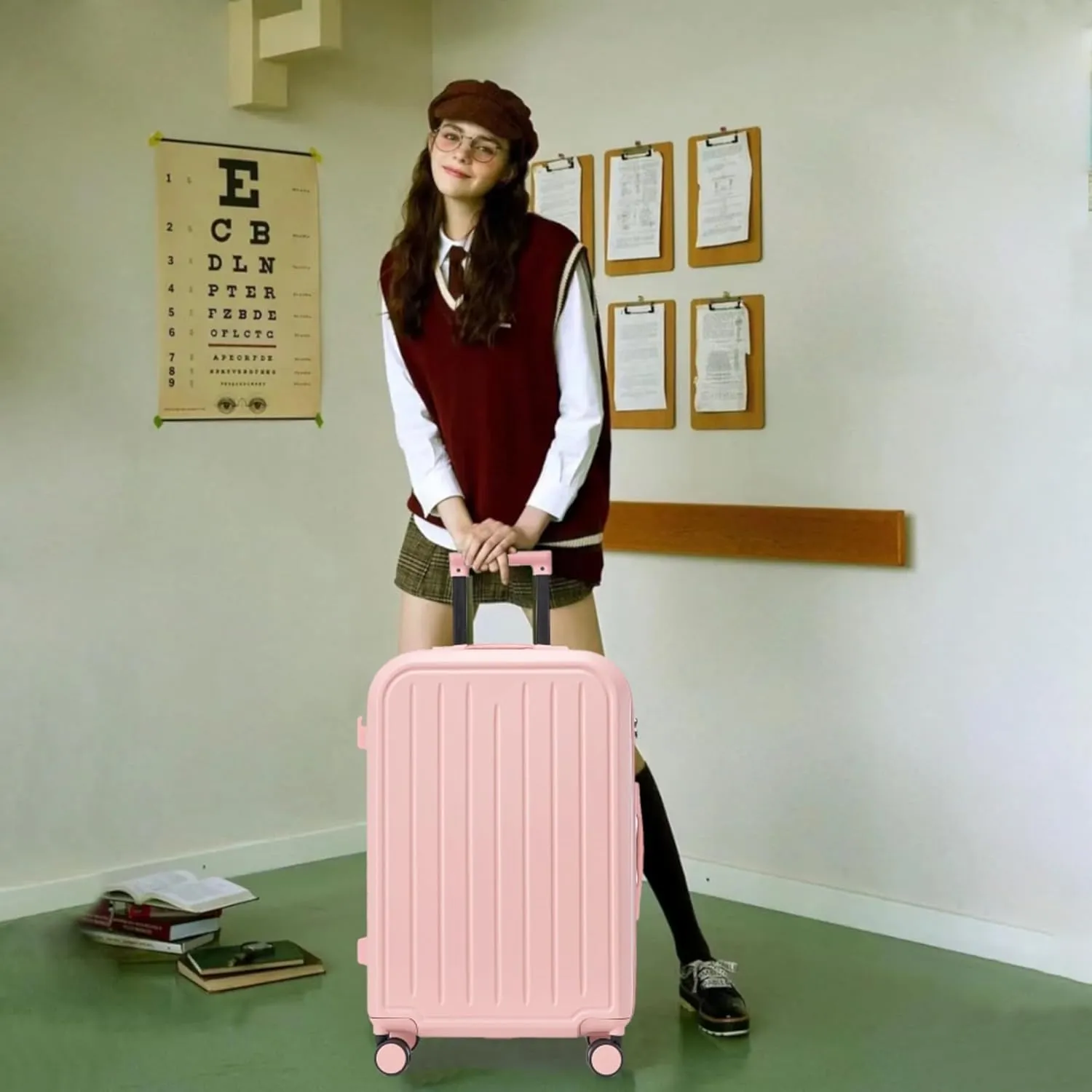 3 - Piece ABS Spinner Wheel Carry - on Luggage Set with Cup Holder and USB Port, Featuring Durable Waterproof Design, Ergonomic Handle, and Modern Appearance (Pink)