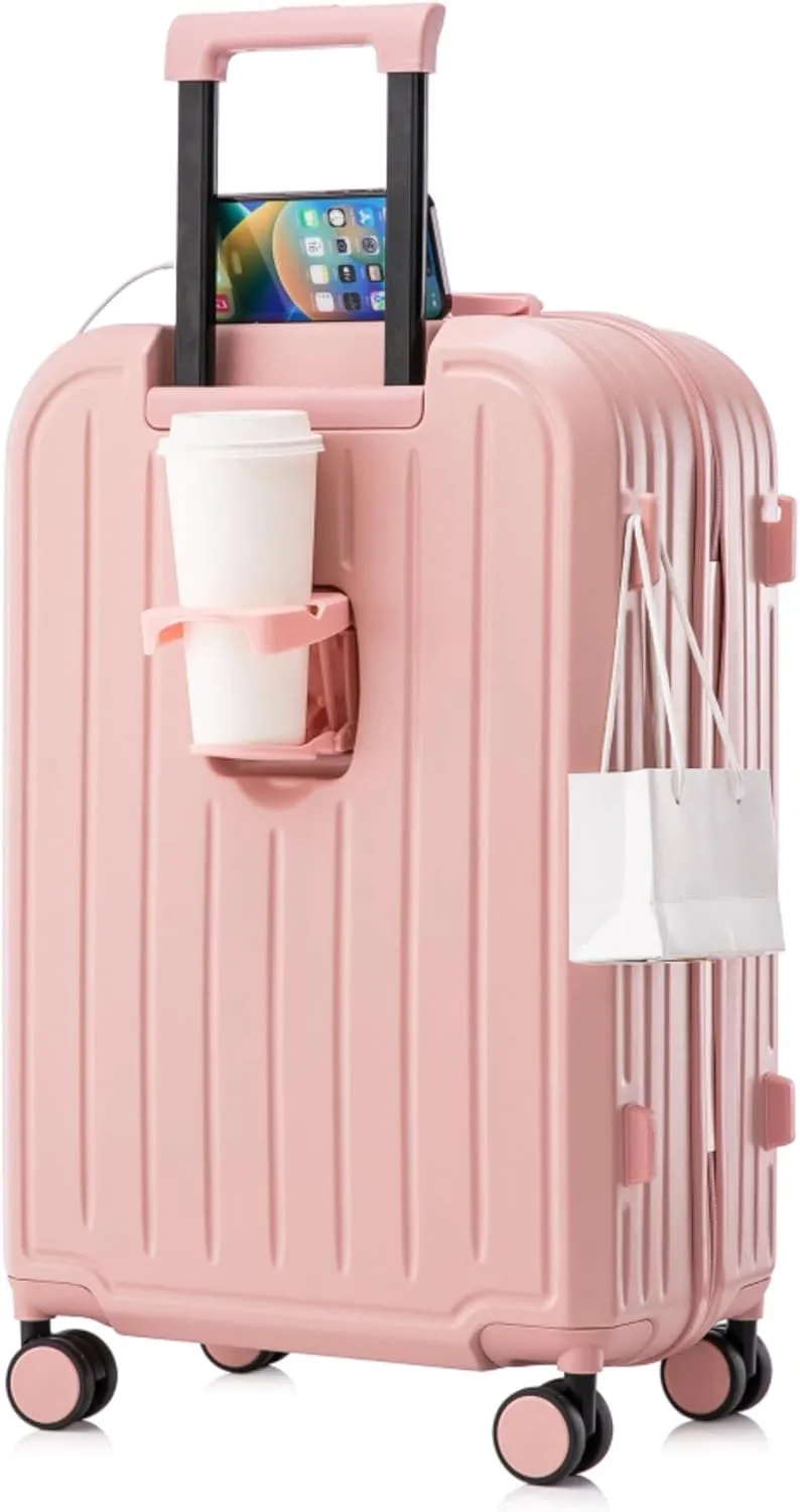 3 - Piece ABS Spinner Wheel Carry - on Luggage Set with Cup Holder and USB Port, Featuring Durable Waterproof Design, Ergonomic Handle, and Modern Appearance (Pink)