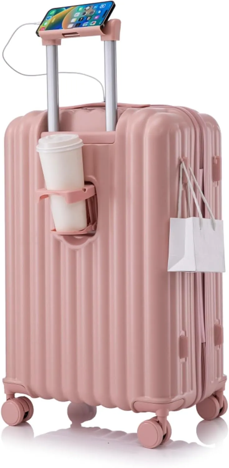 3 - Piece ABS Spinner Wheel Carry - on Luggage Set with Cup Holder, USB Port, and Phone Holder, Featuring Durable Waterproof Design, Full - Capacity Interior (Pink)
