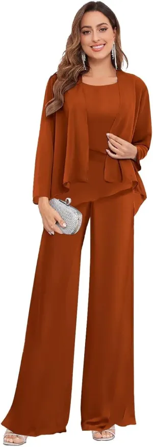 3 Pieces Mother of The Bride Pant Suits for Women Dressy Long Sleeve Wedding Formal Evening Outfit Set with Jacket
