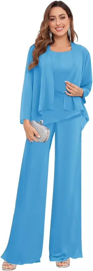 3 Pieces Mother of The Bride Pant Suits for Women Dressy Long Sleeve Wedding Formal Evening Outfit Set with Jacket