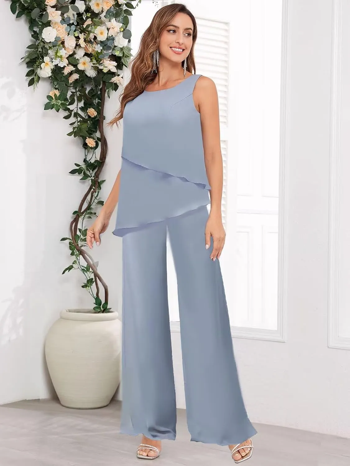 3 Pieces Mother of The Bride Pant Suits for Women Dressy Long Sleeve Wedding Formal Evening Outfit Set with Jacket