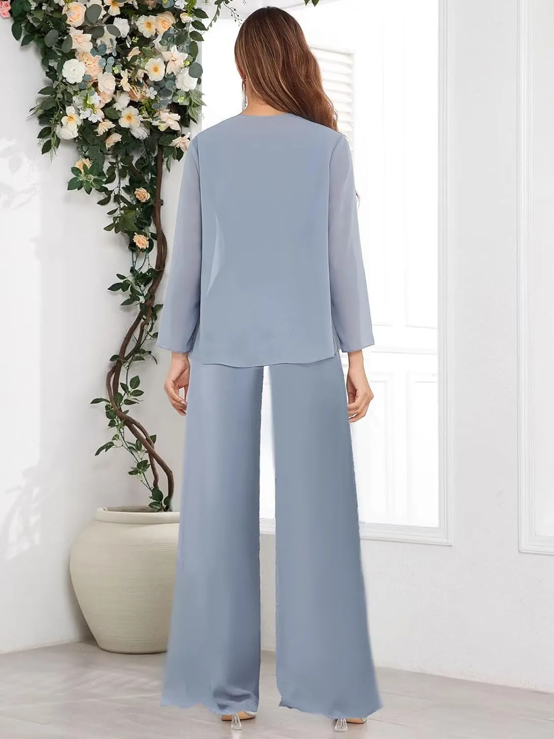 3 Pieces Mother of The Bride Pant Suits for Women Dressy Long Sleeve Wedding Formal Evening Outfit Set with Jacket
