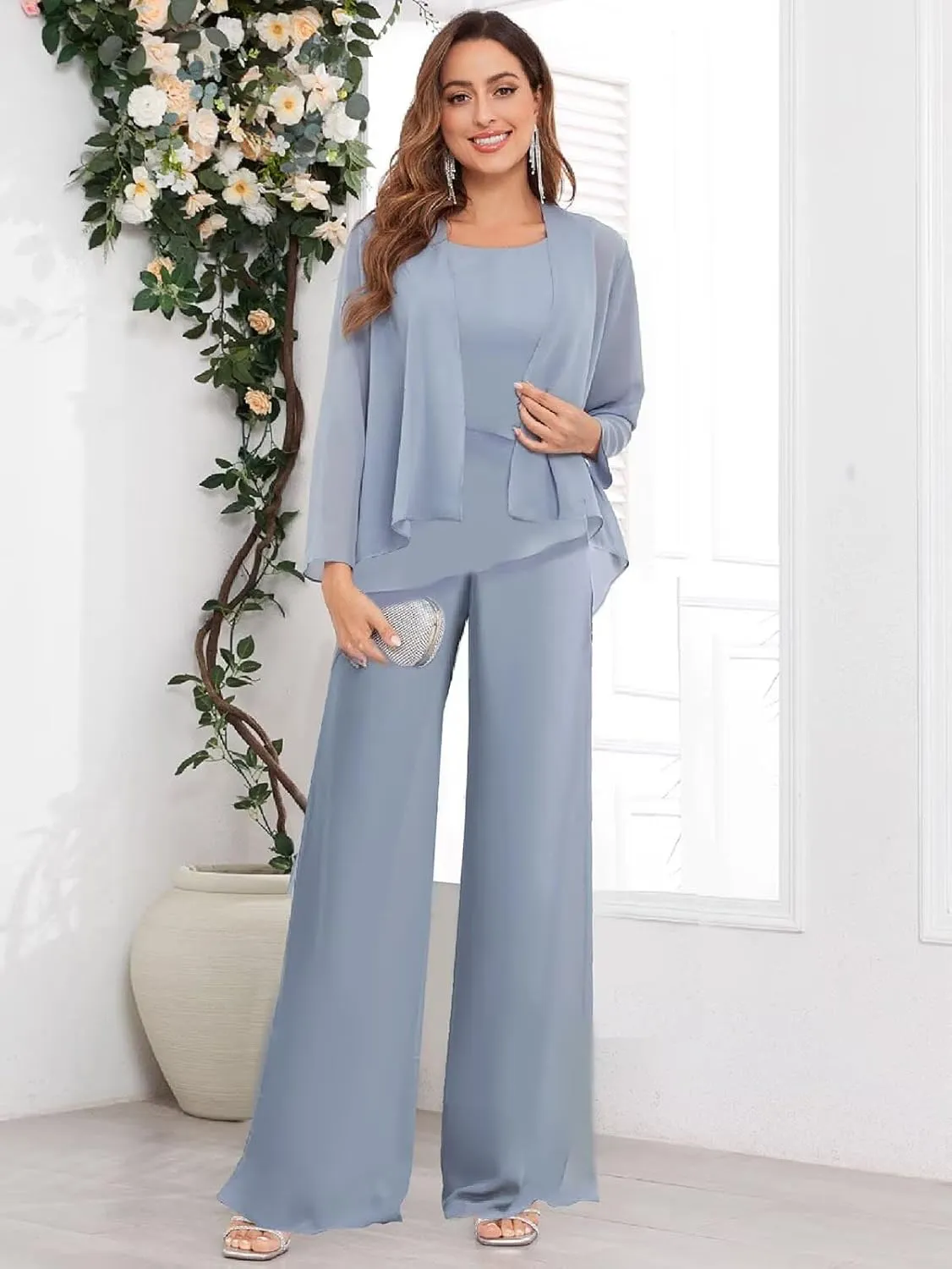 3 Pieces Mother of The Bride Pant Suits for Women Dressy Long Sleeve Wedding Formal Evening Outfit Set with Jacket