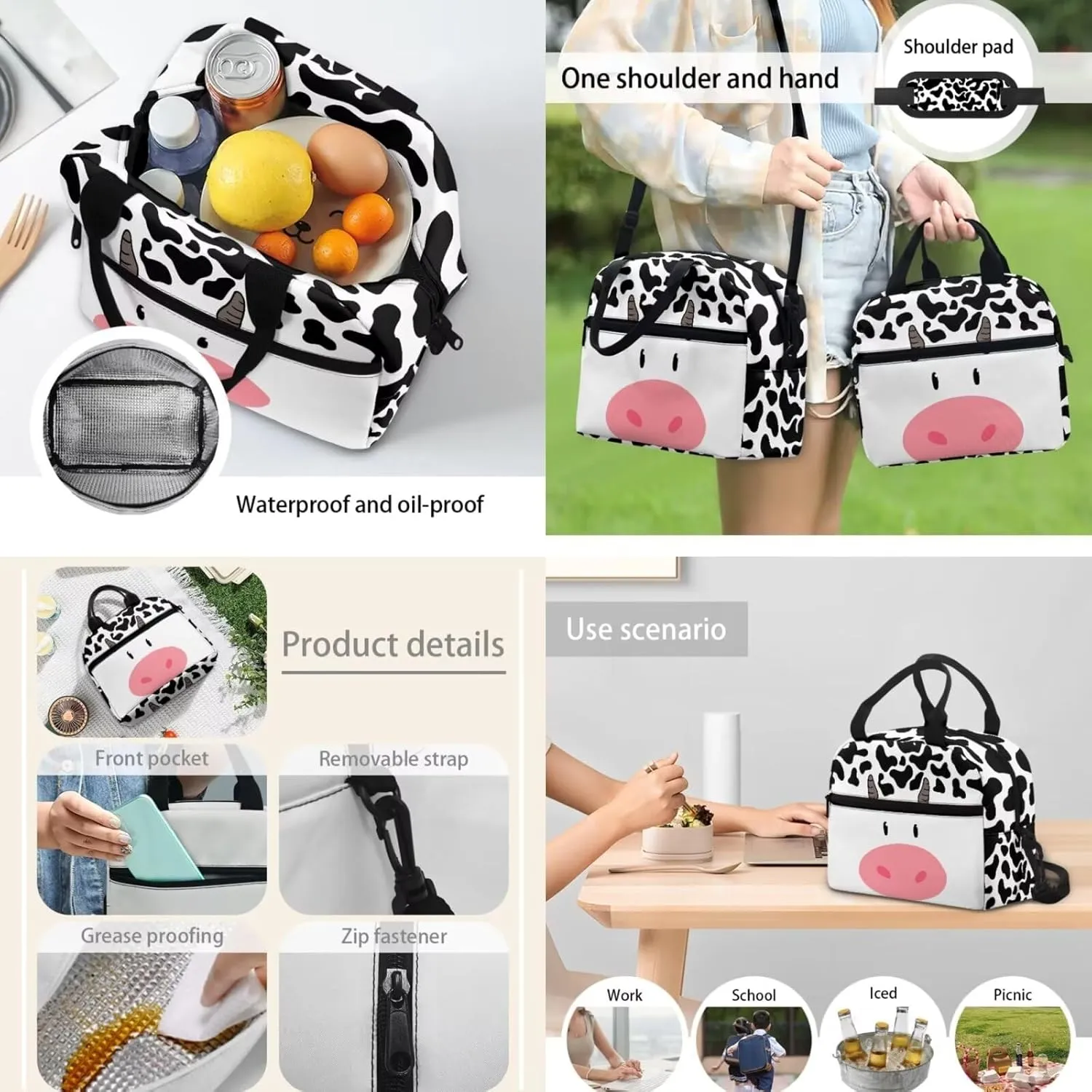 3 Pieces Teen School Backpack Set with Lunch Box Pencil Case Travel Laptop Backpack Casual Daypacks Large Capacity Adjustable Charming Cow Aesthetic