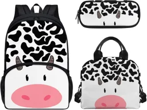 3 Pieces Teen School Backpack Set with Lunch Box Pencil Case Travel Laptop Backpack Casual Daypacks Large Capacity Adjustable Charming Cow Aesthetic