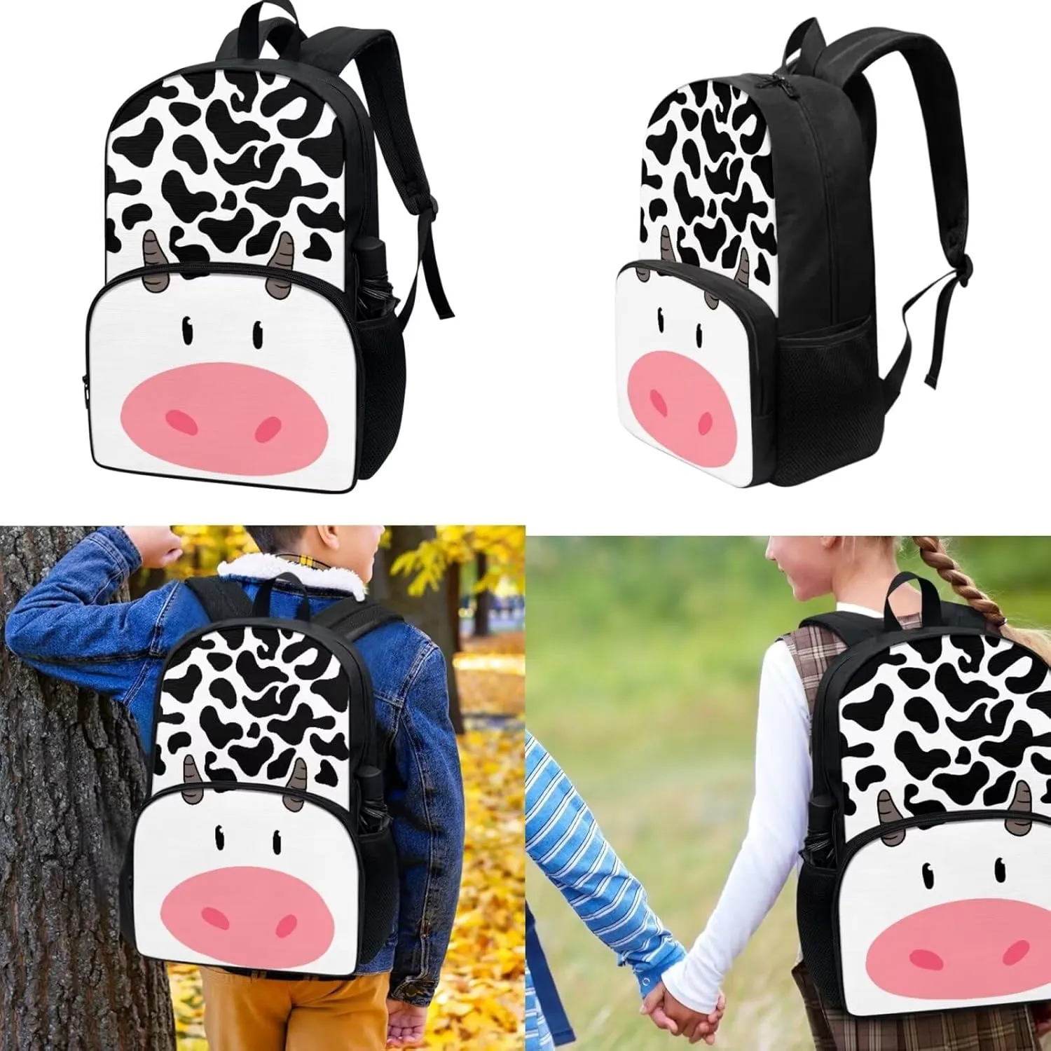 3 Pieces Teen School Backpack Set with Lunch Box Pencil Case Travel Laptop Backpack Casual Daypacks Large Capacity Adjustable Charming Cow Aesthetic