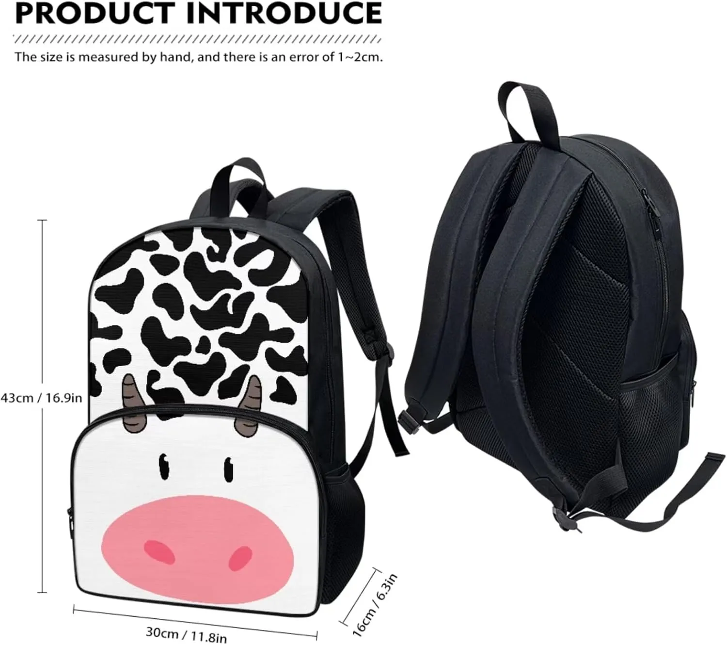 3 Pieces Teen School Backpack Set with Lunch Box Pencil Case Travel Laptop Backpack Casual Daypacks Large Capacity Adjustable Charming Cow Aesthetic