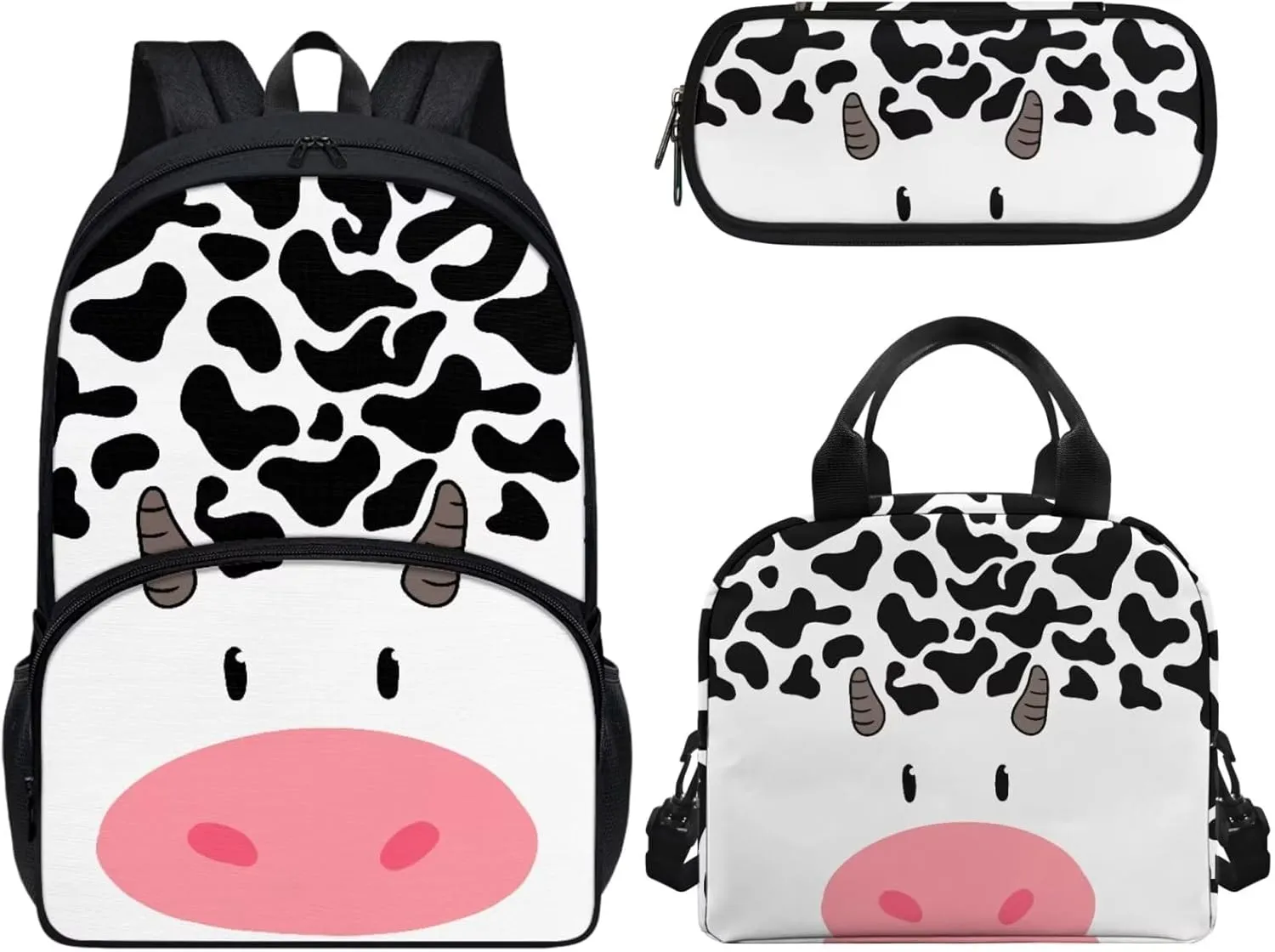 3 Pieces Teen School Backpack Set with Lunch Box Pencil Case Travel Laptop Backpack Casual Daypacks Large Capacity Adjustable Charming Cow Aesthetic