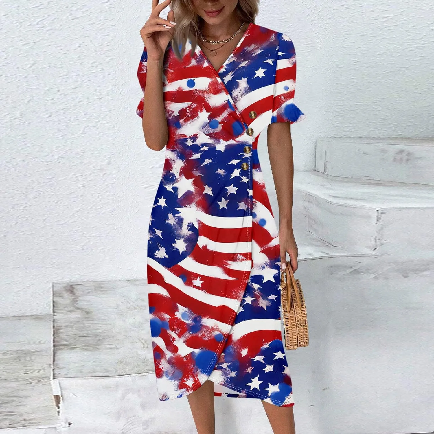4Th July Dress Women Midi Red White and Blue Dresses Short Sleeve USA Flag Dress Holiday Dresses S,M,L,XL,XXL