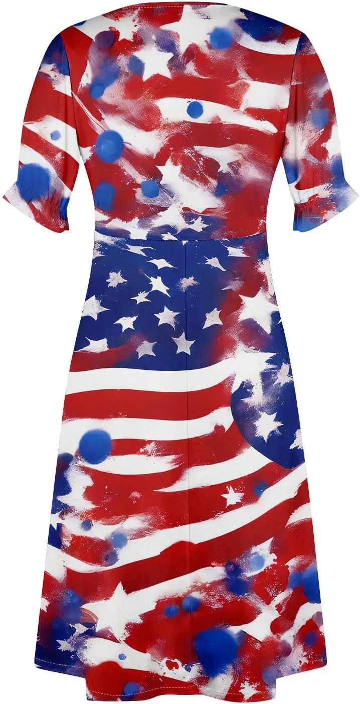 4Th July Dress Women Midi Red White and Blue Dresses Short Sleeve USA Flag Dress Holiday Dresses S,M,L,XL,XXL
