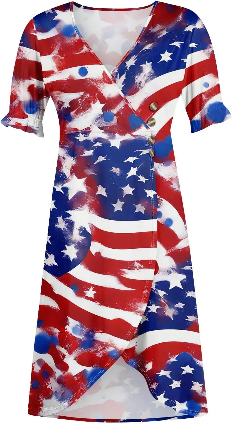 4Th July Dress Women Midi Red White and Blue Dresses Short Sleeve USA Flag Dress Holiday Dresses S,M,L,XL,XXL