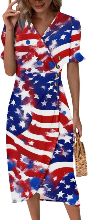 4Th July Dress Women Midi Red White and Blue Dresses Short Sleeve USA Flag Dress Holiday Dresses S,M,L,XL,XXL
