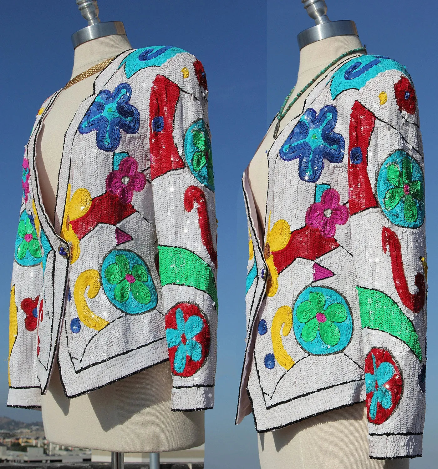 80s White Bold Abstract Sequin Jacket Blazer
