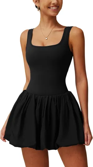 ABOCIW Womens Bubble Tennis Dress Squre Neck Sleeveless Workout Golf Athletic Dress Built in Bra & Shorts with Pockets