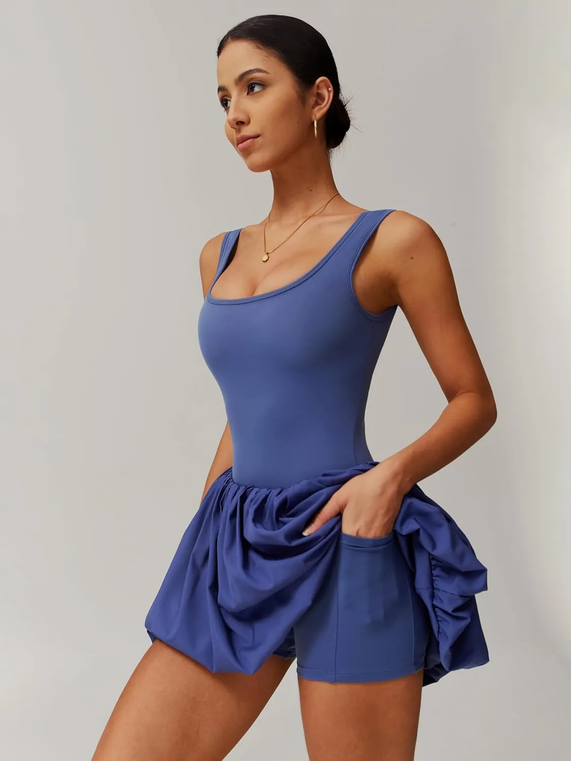 ABOCIW Womens Bubble Tennis Dress Squre Neck Sleeveless Workout Golf Athletic Dress Built in Bra & Shorts with Pockets