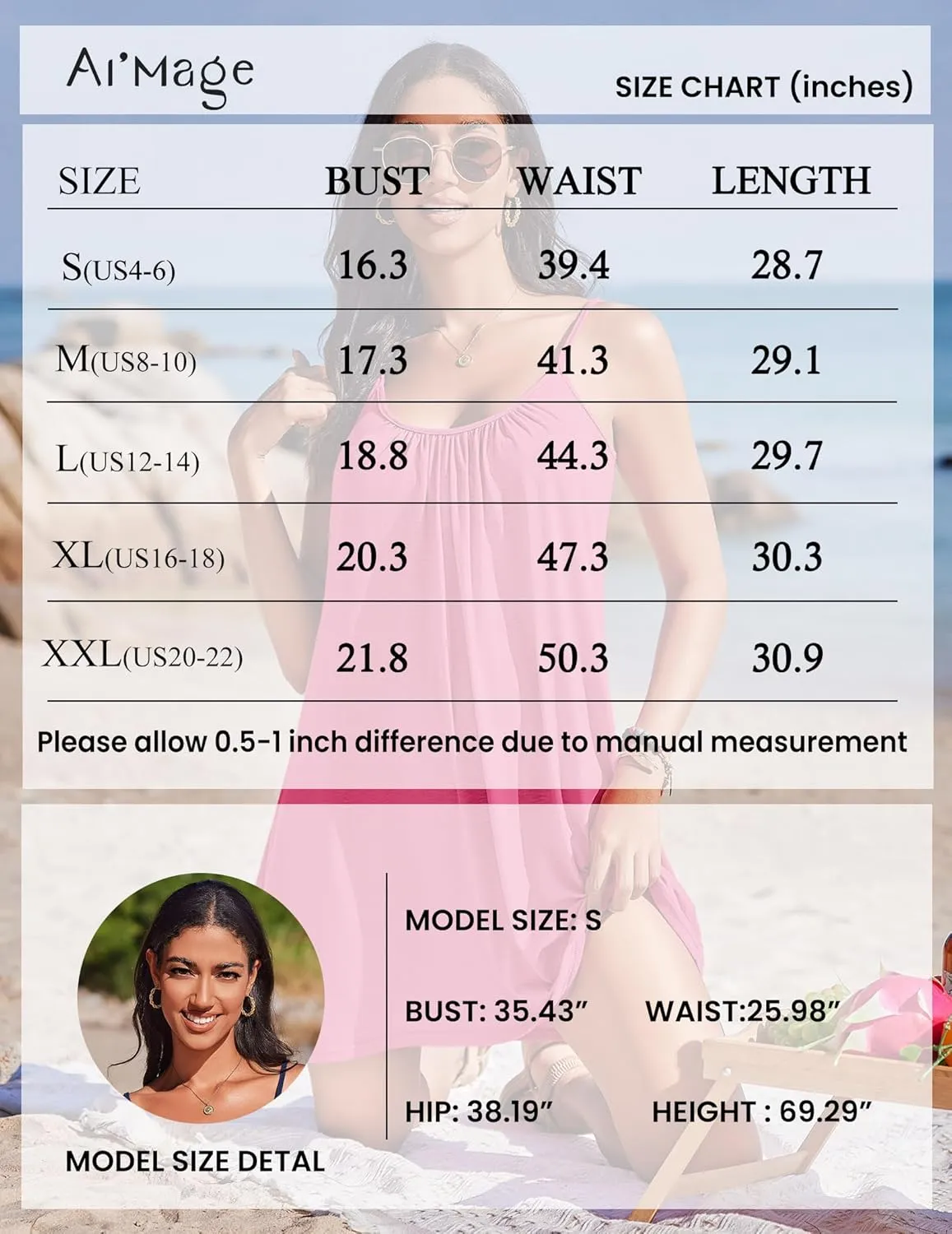 AI'MAGE Women's Bathing Suit Cover Up Spaghetti Straps Swim Dresses Beach Cover Ups Pleated Neck Swimsuit Coverups S-XXL