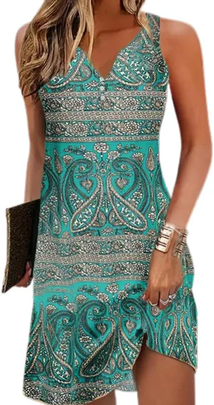 Akivide Womens Boho Floral Print Button V Neck Sundresses Summer Beach Vacation Sleeveless Tunic Dresses