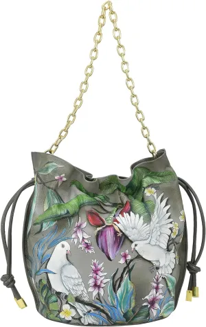Anuschka Womens Original Hand-Painted Genuine Leather Drawstring Bucket Bag, Made in India