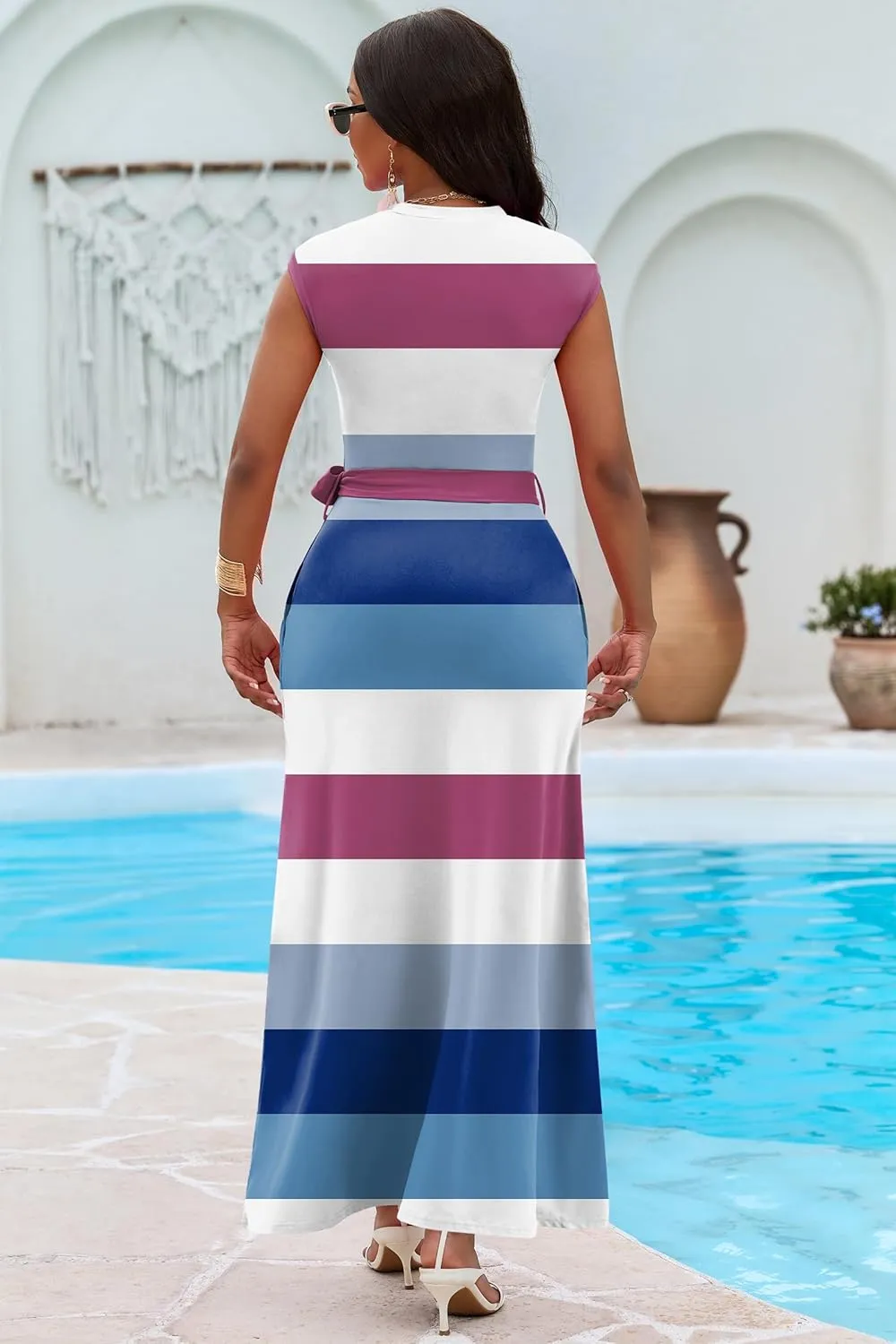 AOMONI Women Summer Casual Maxi Sleeveless Dress with Pockets High Waist Round Neck Tie Waist Striped Dresses