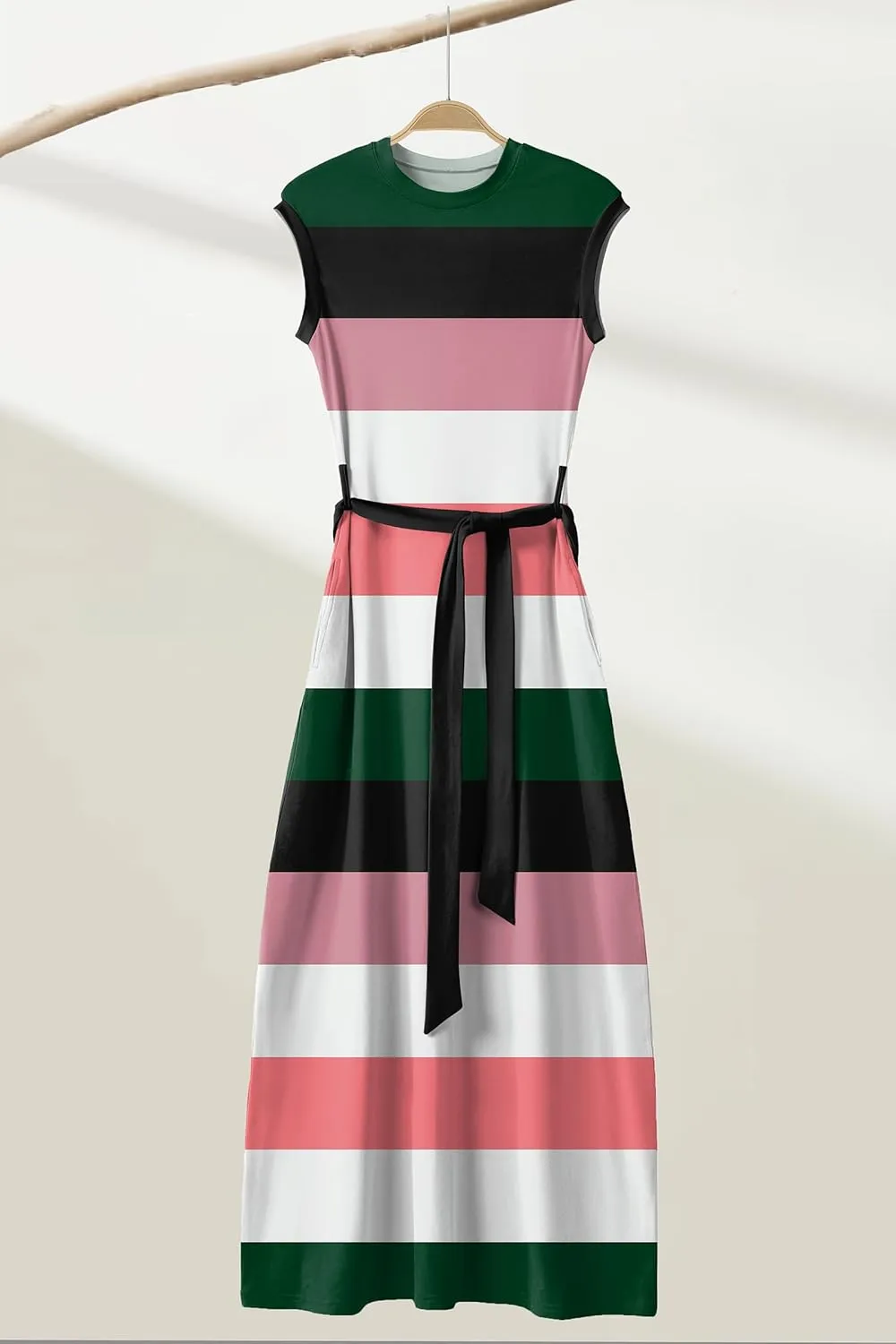 AOMONI Women Summer Casual Maxi Sleeveless Dress with Pockets High Waist Round Neck Tie Waist Striped Dresses