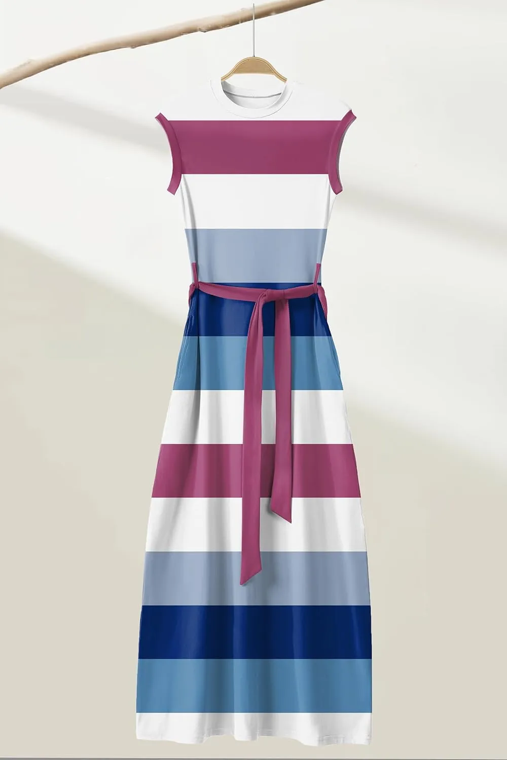 AOMONI Women Summer Casual Maxi Sleeveless Dress with Pockets High Waist Round Neck Tie Waist Striped Dresses