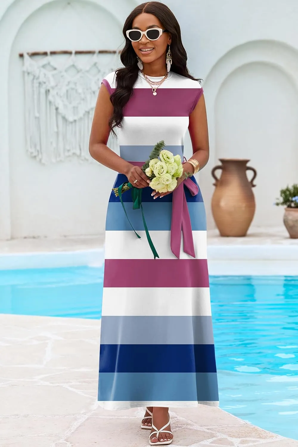 AOMONI Women Summer Casual Maxi Sleeveless Dress with Pockets High Waist Round Neck Tie Waist Striped Dresses