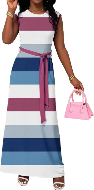 AOMONI Women Summer Casual Maxi Sleeveless Dress with Pockets High Waist Round Neck Tie Waist Striped Dresses