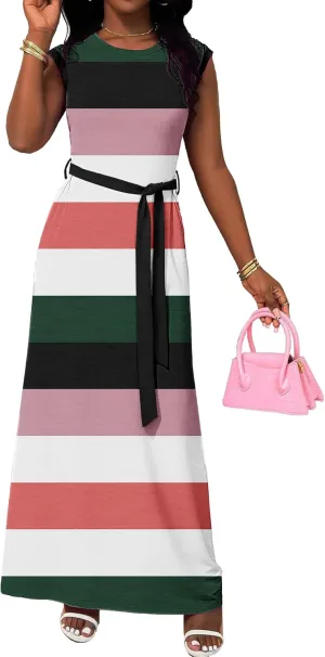 AOMONI Women Summer Casual Maxi Sleeveless Dress with Pockets High Waist Round Neck Tie Waist Striped Dresses