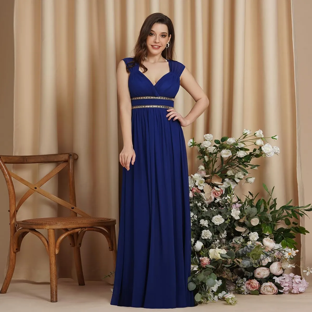 BABYONLINE D.R.E.S.S. Women's Chiffon Formal Dress A-Line V Neck Floor Length Evening Gown Long Bridesmaid Wedding Dress