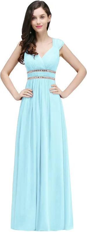BABYONLINE D.R.E.S.S. Women's Chiffon Formal Dress A-Line V Neck Floor Length Evening Gown Long Bridesmaid Wedding Dress
