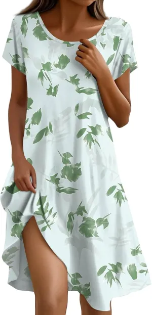 Beach Dresses for Women 2025 Vacation Casual Short Sleeve Round-Neck Floral Print Loose Resort Mini Sundress with, S-2Xl