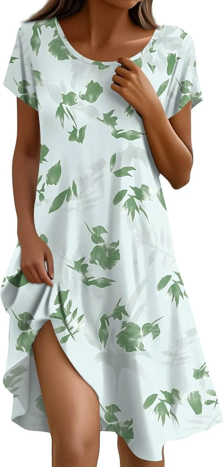Beach Dresses for Women 2025 Vacation Casual Short Sleeve Round-Neck Floral Print Loose Resort Mini Sundress with, S-2Xl