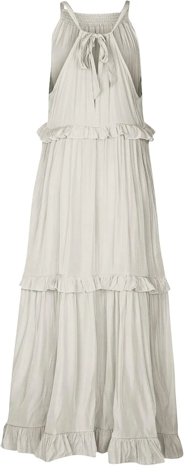 Beach Dresses for Women 2025 Vacation Halter Summer Long Dress Tiered Ruffle Flowy Swing Elegant Boho Sundress