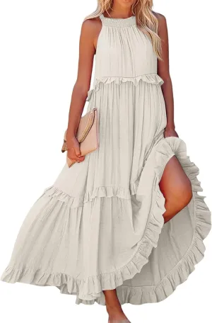 Beach Dresses for Women 2025 Vacation Halter Summer Long Dress Tiered Ruffle Flowy Swing Elegant Boho Sundress
