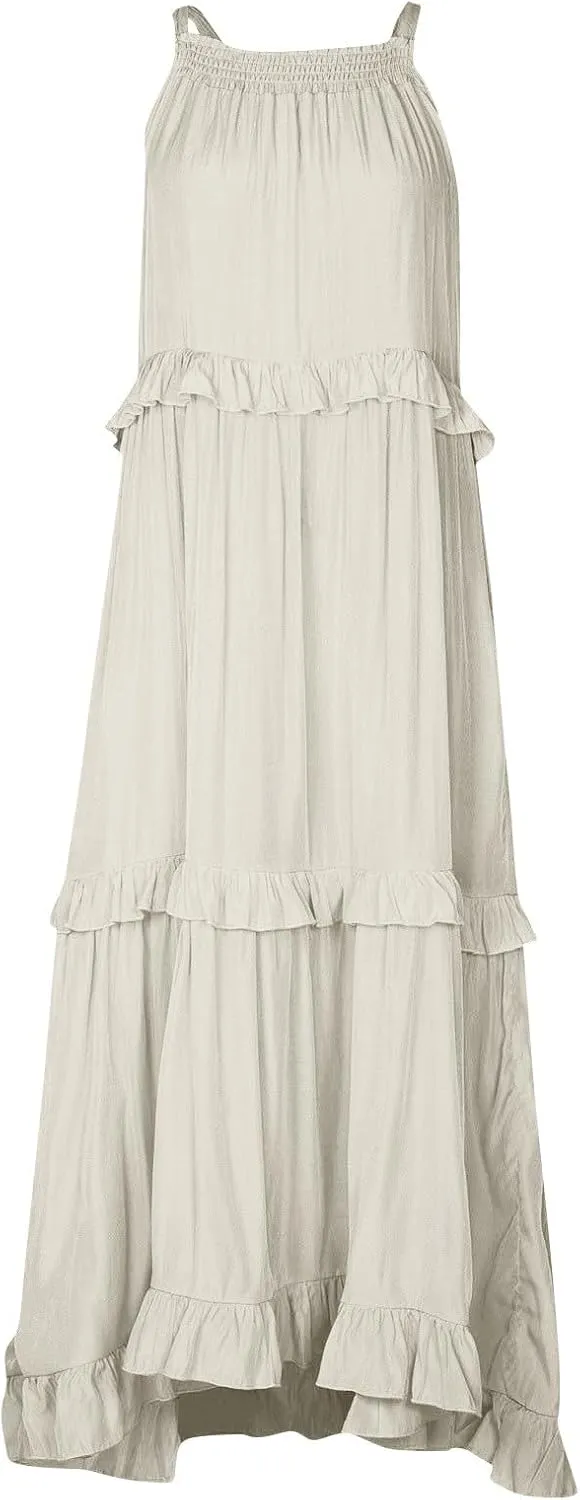 Beach Dresses for Women 2025 Vacation Halter Summer Long Dress Tiered Ruffle Flowy Swing Elegant Boho Sundress