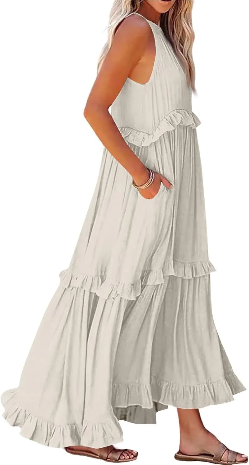 Beach Dresses for Women 2025 Vacation Halter Summer Long Dress Tiered Ruffle Flowy Swing Elegant Boho Sundress