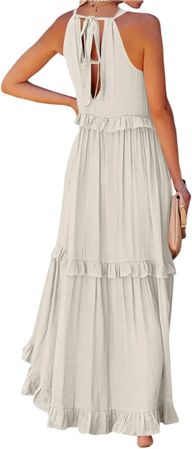 Beach Dresses for Women 2025 Vacation Halter Summer Long Dress Tiered Ruffle Flowy Swing Elegant Boho Sundress