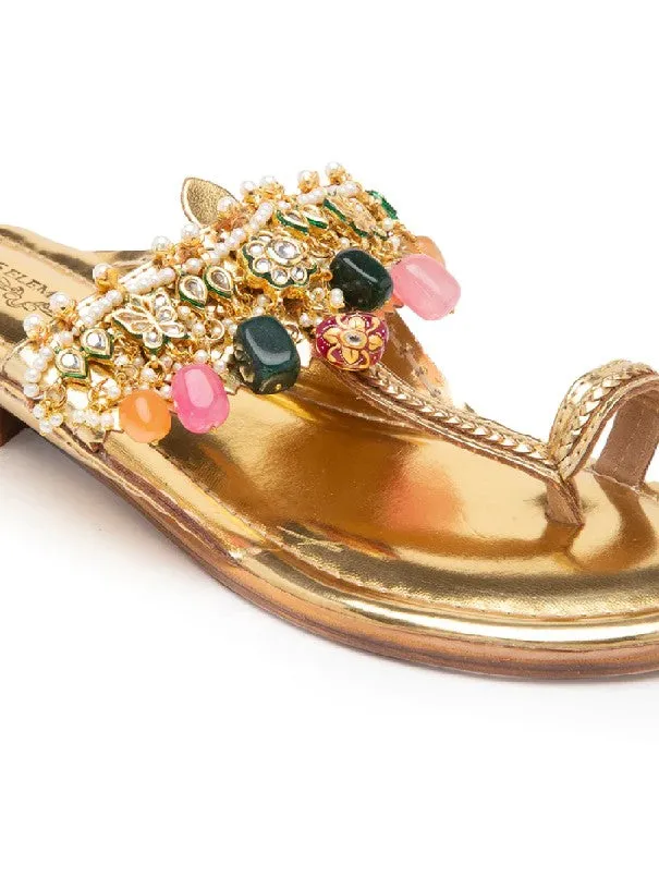Bejewelled - Gold Semi Precious Stone Embellished Kolhapuri Flats