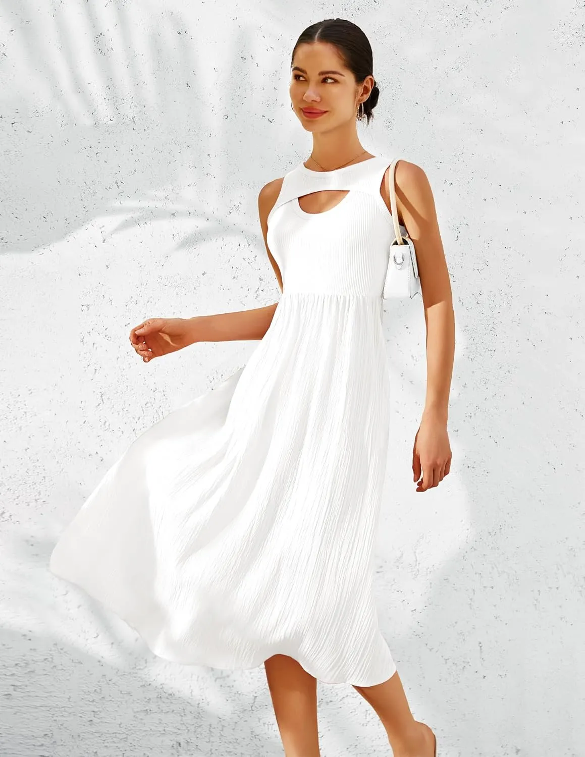BeryLove Casual Midi Tank Dress Summer Ribbed Knit Pleated Dresses with Pockets