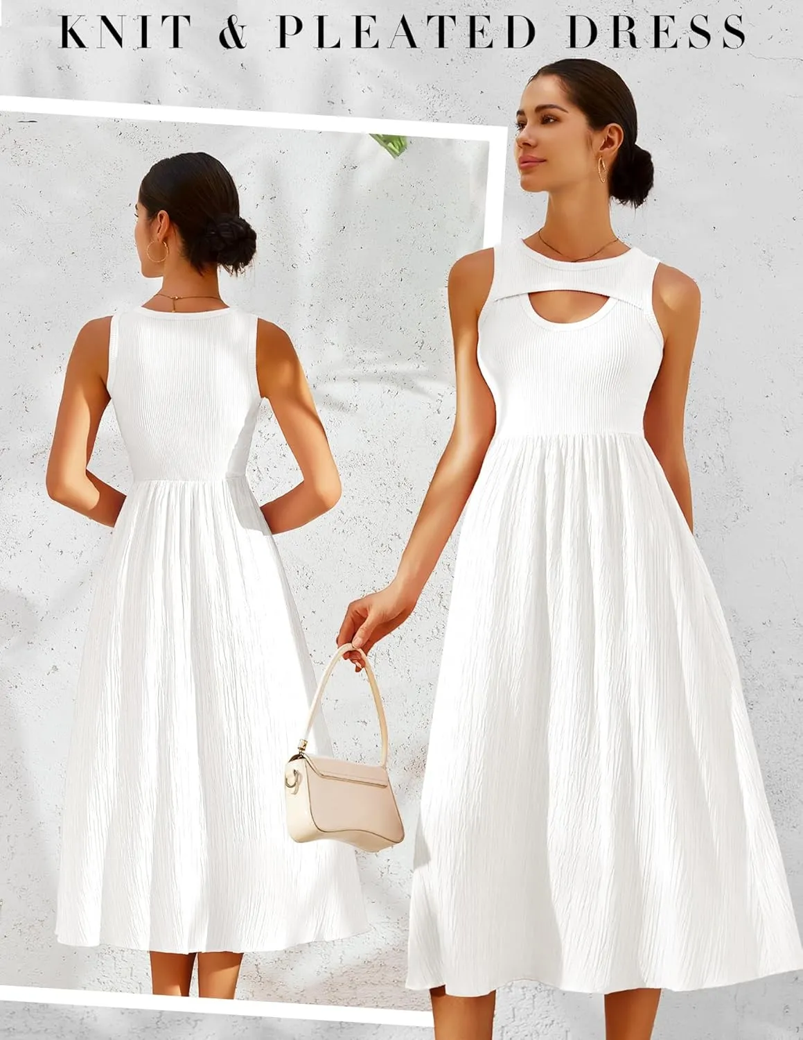 BeryLove Casual Midi Tank Dress Summer Ribbed Knit Pleated Dresses with Pockets