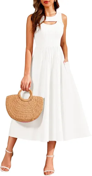 BeryLove Casual Midi Tank Dress Summer Ribbed Knit Pleated Dresses with Pockets