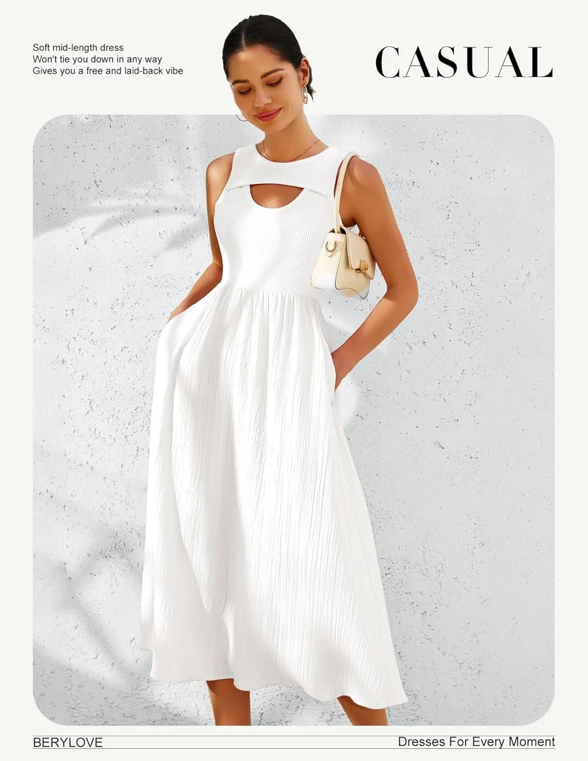 BeryLove Casual Midi Tank Dress Summer Ribbed Knit Pleated Dresses with Pockets