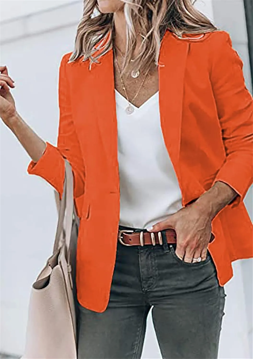 BOFETA Women's Long Sleeve Blazer One Button Solid Color Pocket Jacket Blazer Notched Collar Coat