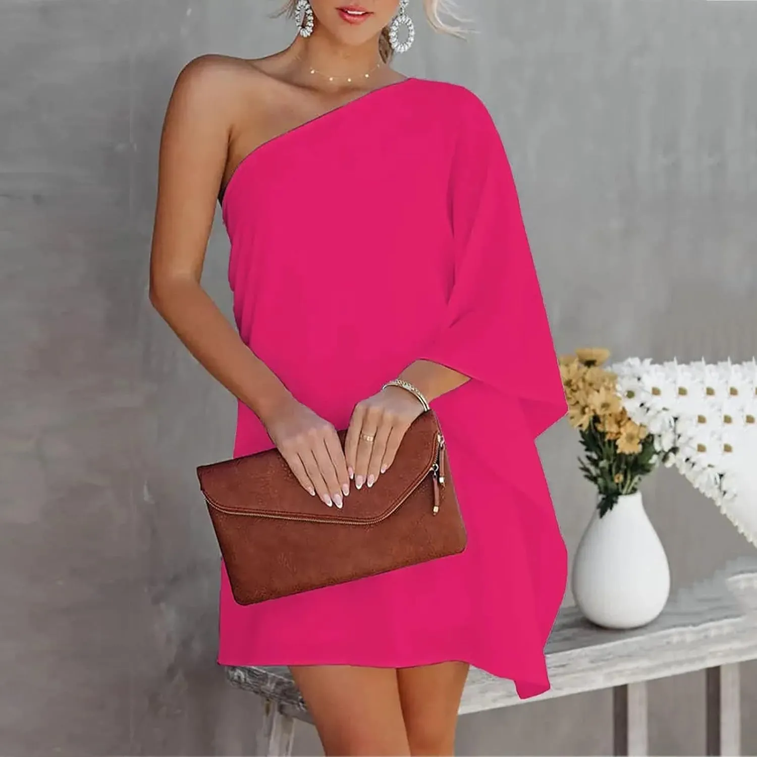 Bohemian Dress for Women, Women Casual Fashion Loose Printed One Shoulder Doll Sleeve Dress