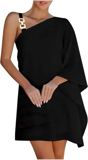 Bohemian Dress for Women, Women Casual Fashion Loose Printed One Shoulder Doll Sleeve Dress