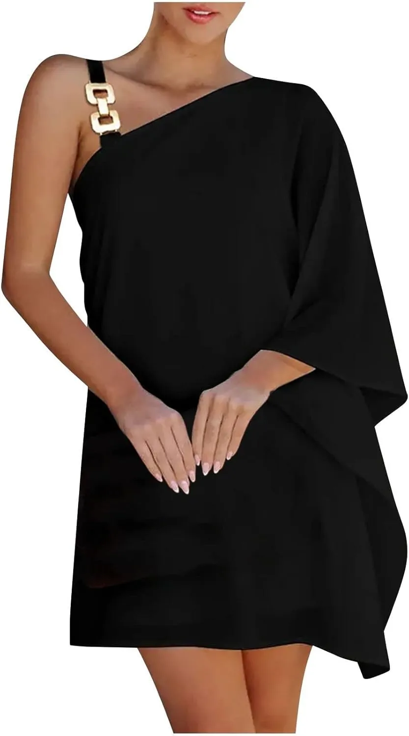 Bohemian Dress for Women, Women Casual Fashion Loose Printed One Shoulder Doll Sleeve Dress