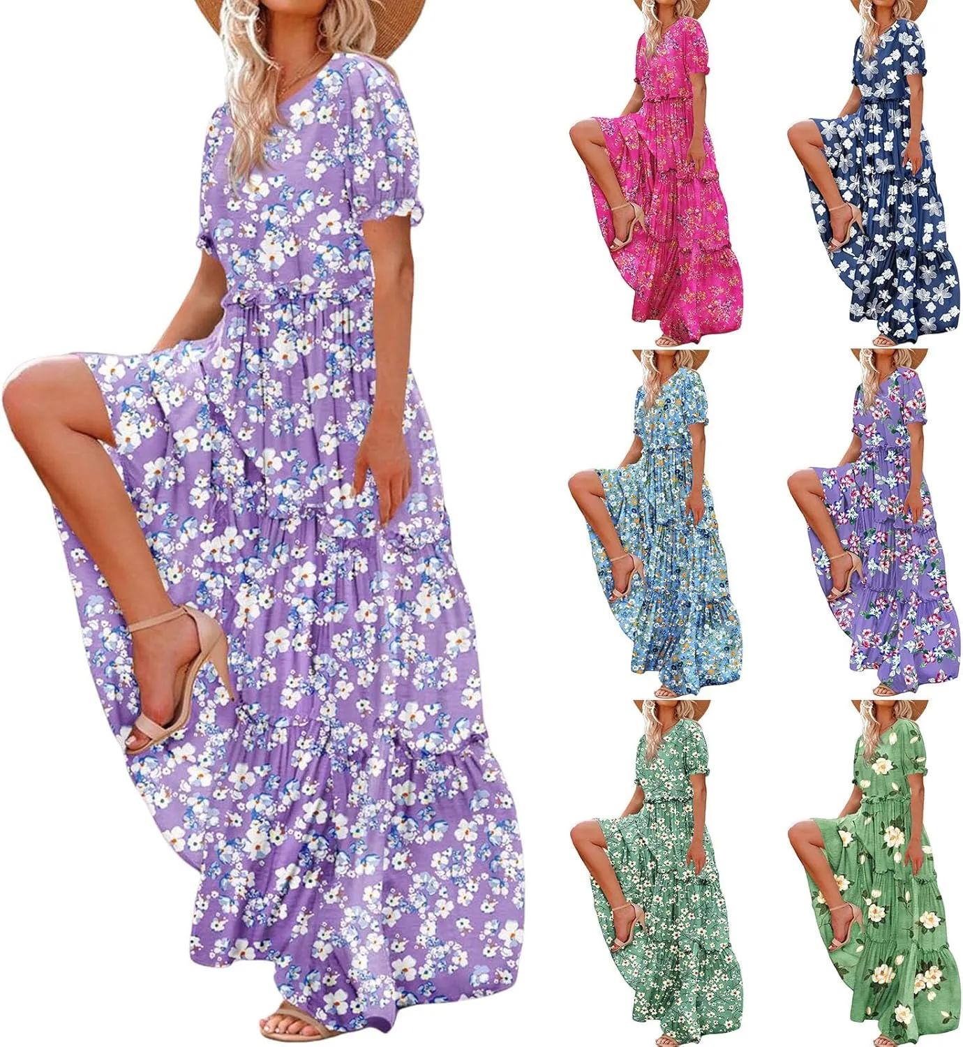 Bohemian Floral Dresses for Women Summer Crewneck Puff Short Sleeve Long Midi Dress 2025 Flowy Swing Dresses